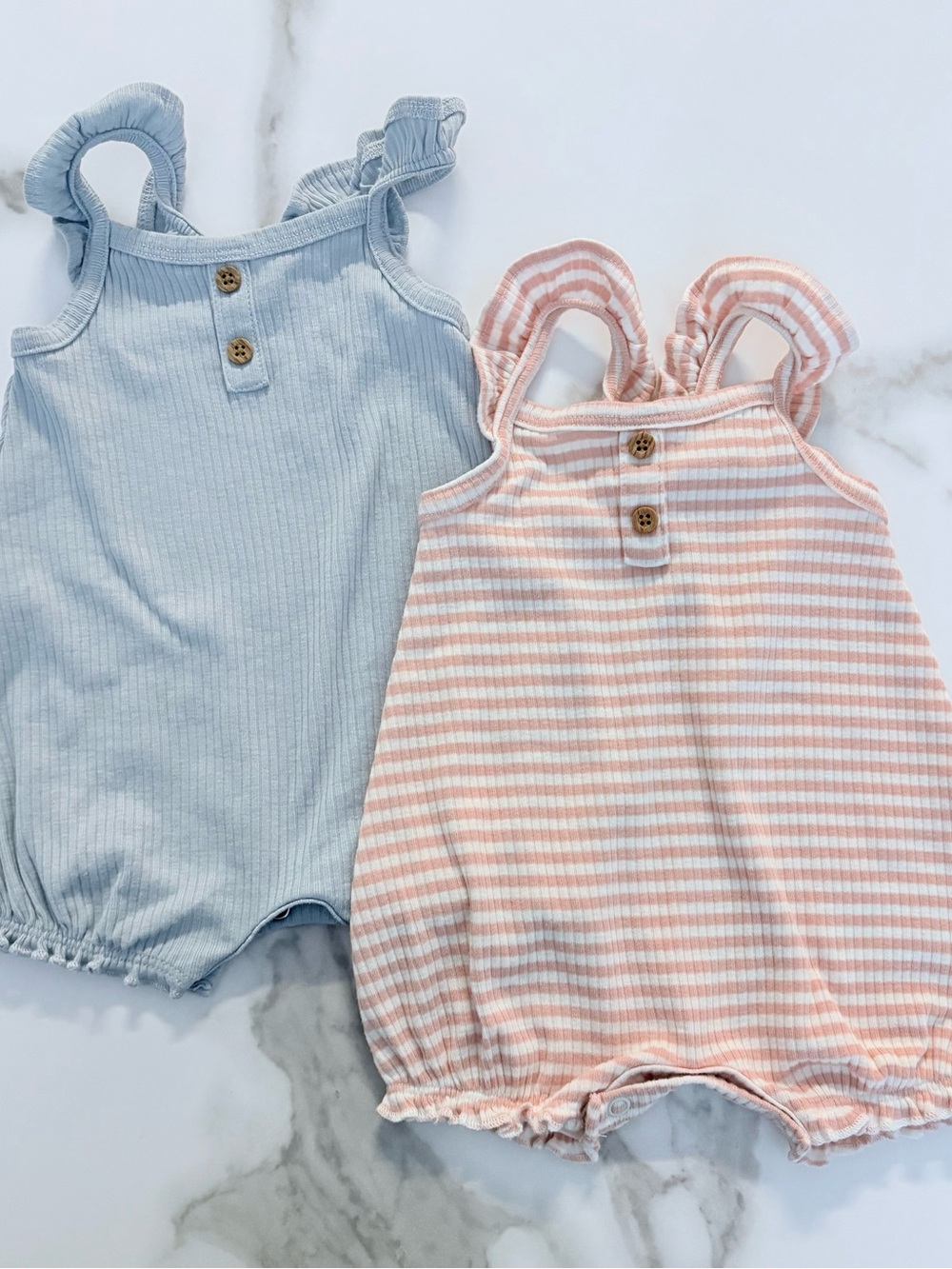 2 Baby Ruffle Strap Rompers - Light Blue & Pink Stripe